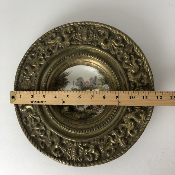 Antique Embossed Brass Frame Hand Painted Miniature Landscape Decor 12" Dia - Picture 8 of 12